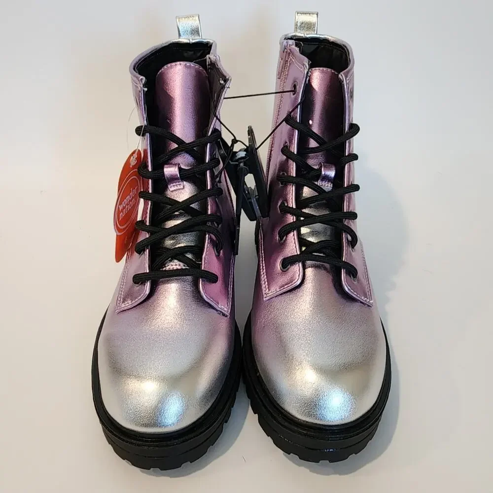 Wonder Nation Big Girls Size 6 Combat Boots Metallic Silvery Purple Color New